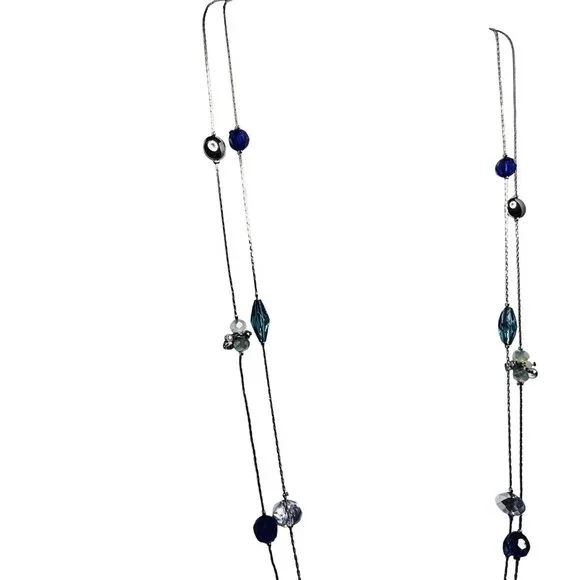 Double Strand Gold Tone Necklace With Cobalt Blue Aqua & Clear Beads (5603) - Picture 2 of 6